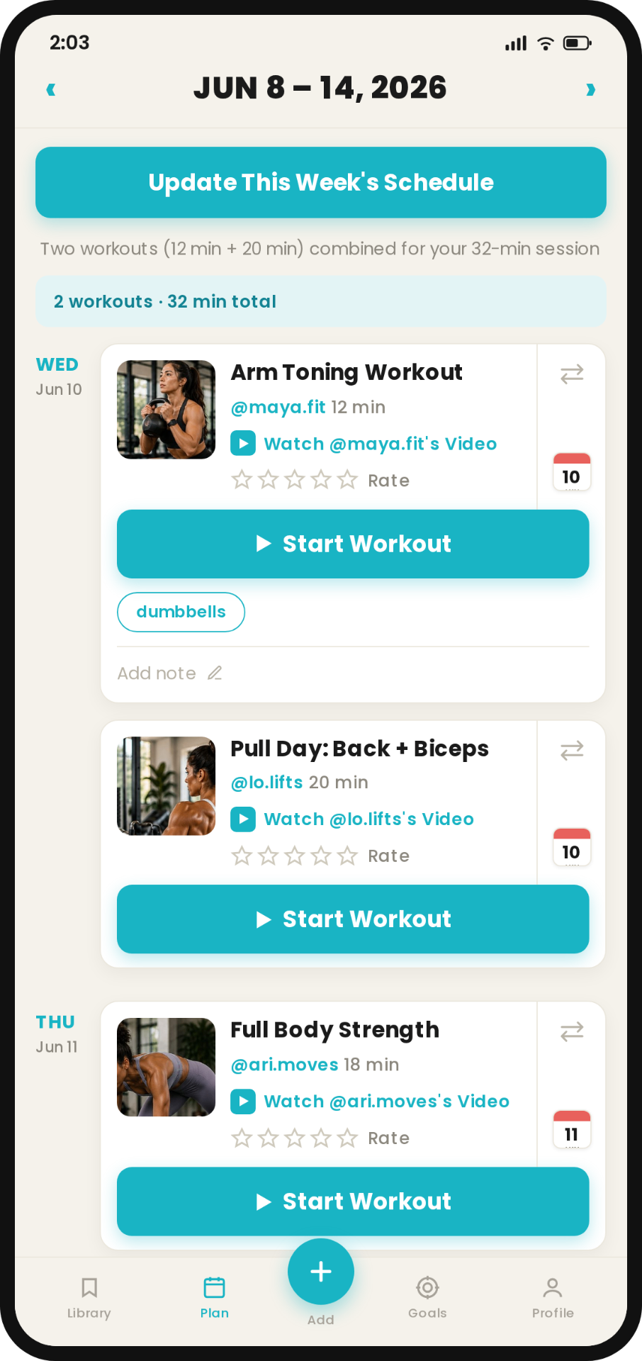 Sweatfile weekly plan on iPhone